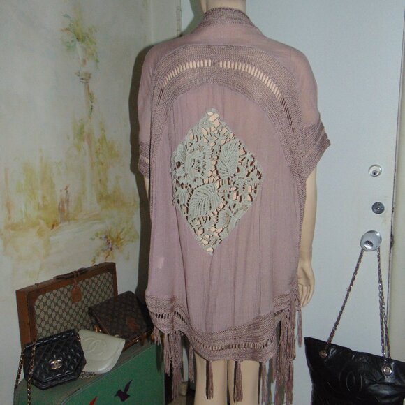 Miracle Women's Knit Open Cardigan size S/M mauve boho crochet fringe cotton USA - Picture 2 of 13